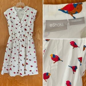Eshakti custom cotton shirt dress, white with bird print, size XL